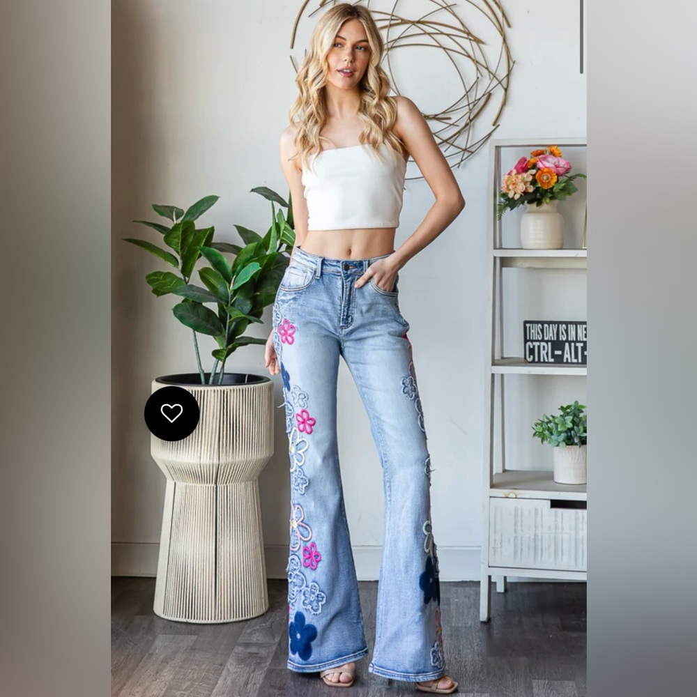 Oli & Hali Light Blue Floral Wide Leg Jeans